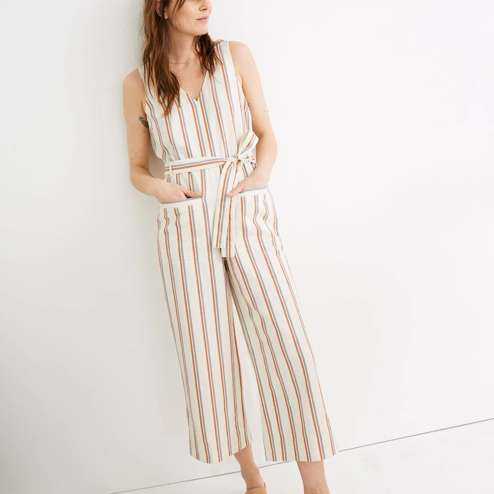 Madewell Sleeveless Striped Pull-On Jumpsuit Wide Leg Tie Waist Cotton XS
